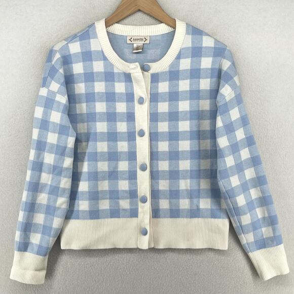 NANETTE LEPORE Cardigan L Gingham Check Button Up Cottagecore Sweater Blue - Picture 1 of 14